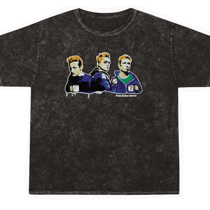 Acid wash light black shirt with spray painted image of Green Day holding coffee cups. Punk Bunny Coffee text below.