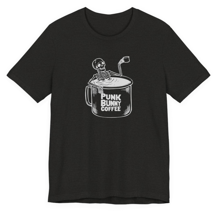 Black t-shirt with a graphic of a skeleton in a coffee mug and 'Punk Bunny Coffee' text on a white background.