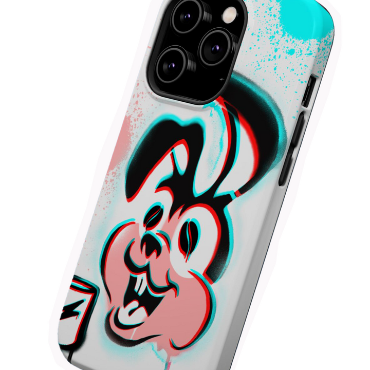 White phone case with spray painted Punk Bunny logo and spray paint splotches, phone is at an angle