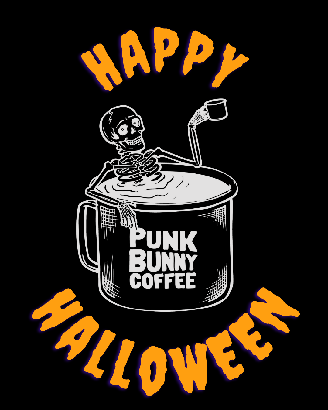 Logo for 'The Weenie Collection' featuring a skeleton with a coffee cup labeled 'Punk Bunny Coffee' on a black background.
