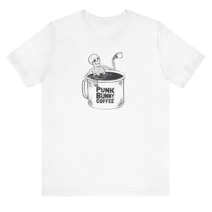 White t-shirt with a graphic of a mug labeled 'Punk Bunny Coffee' and a skeleton on a white background