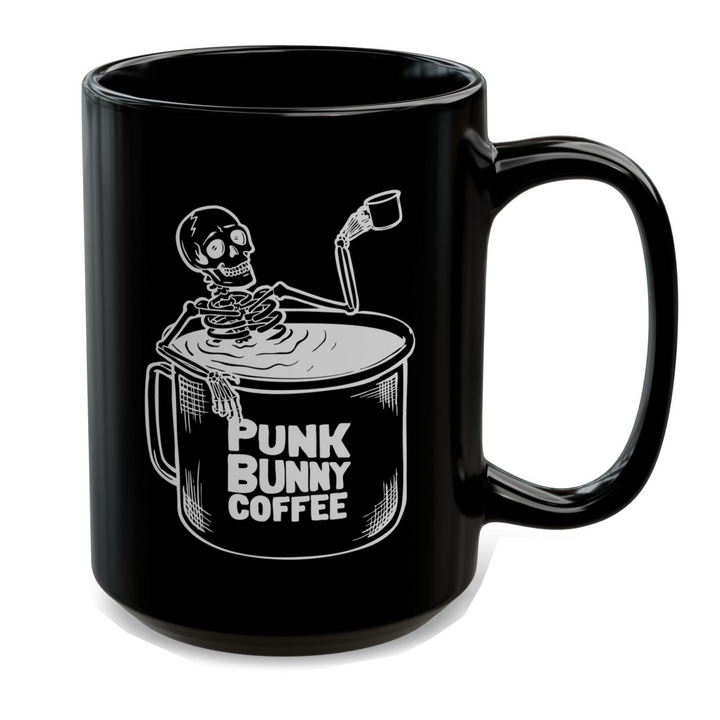 Black mug with skeleton design and 'Punk Bunny Coffee' text on a white background